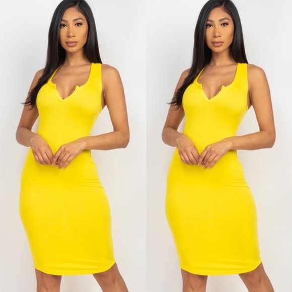 TRENDY SUMMER CASUAL SOFT BASIC DAYLILY YELLOW SPLIT V NECK SLEEVELESS TANK TOP - Picture 1 of 3